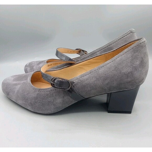 Trotters Mary Jane Suede Pump Shoes 10.5 W Ankle Strap High Heel Grey Classic - Picture 4 of 10